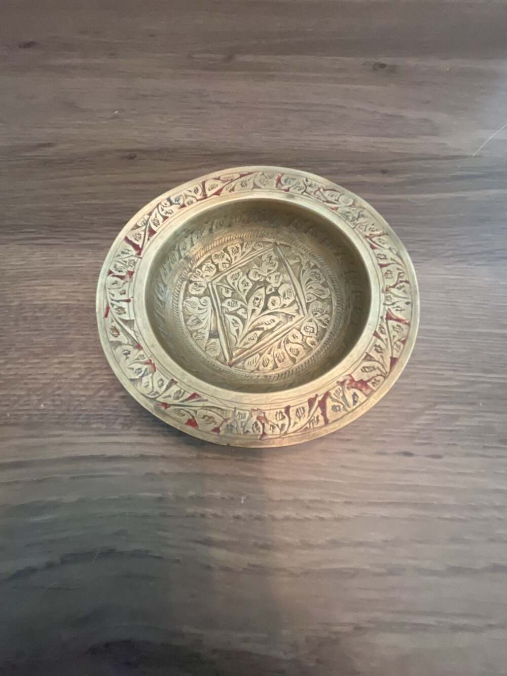 Vintage Hand-Etched Solid Brass Trinket Dish with Floral Inlay Made in India